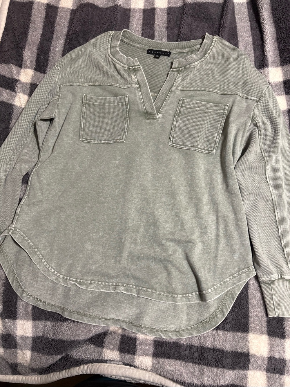 Jane and Delancey Washed Sage Green Long Sleeve Pocket Top